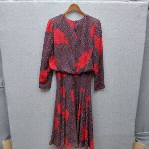 VTG Kono New York Red & Blue Paisley Floral Long Sleeve Dress